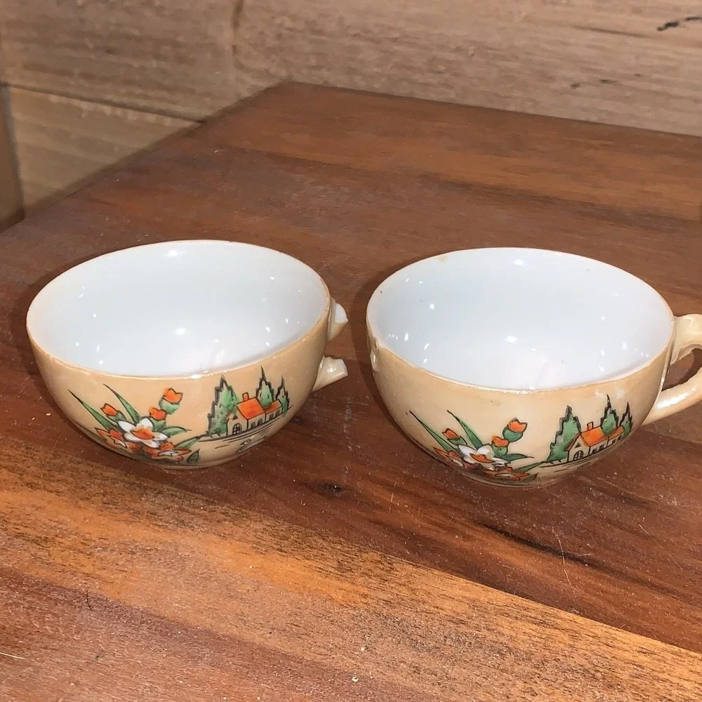 VTG Miniature Child Tea Set Pearlescent Lusterware Japan Flowers Swan House 11pc